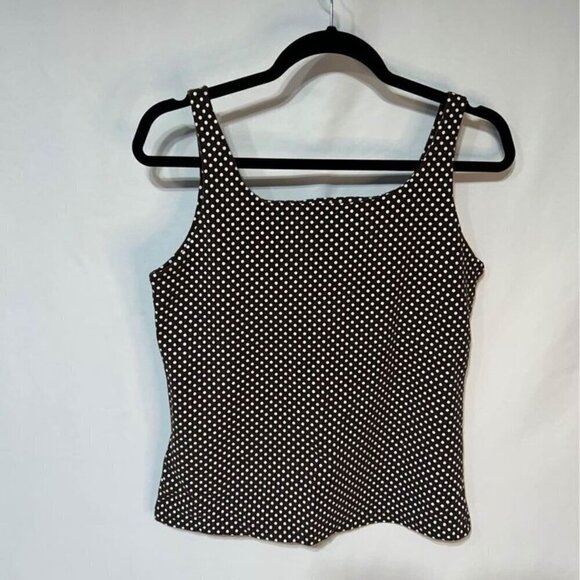 Womans lined, brown and white polka dot tank top. Stretchy. Size large. Rounded - Picture 6 of 8